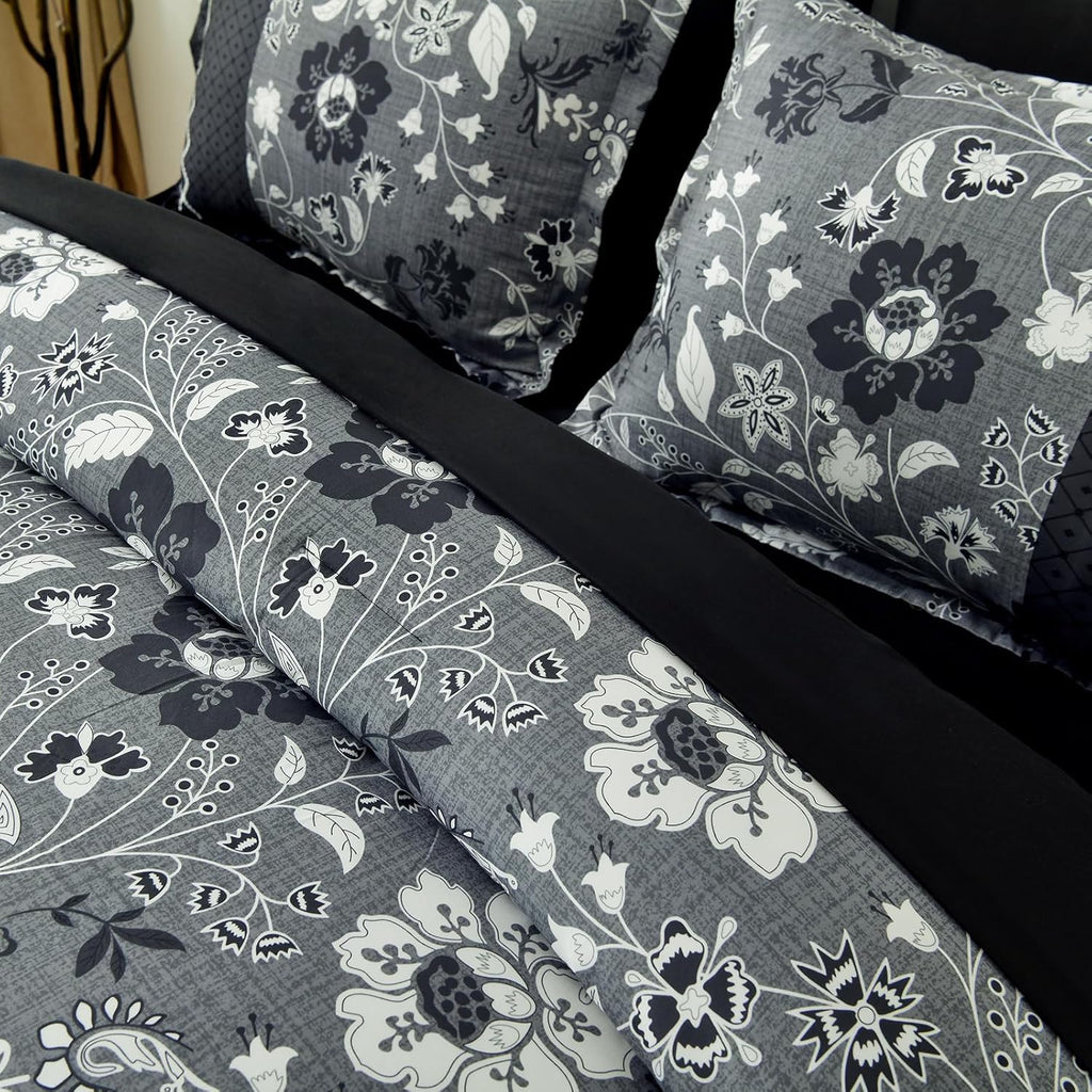 Black Comforter Set Queen, 7 Pieces Bed in a Bag Floral Geometric Patchwork Soft Microfiber Comforter Bedding Set with Comforter, Flat Sheet, Fitted Sheet, Pillow Shams,Pillowcases