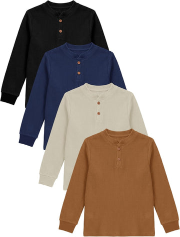 4 Pack Boys Long Sleeve Thermal Henley Shirt Boys Long Sleeve Shirts Waffle Henley Knit Thermal Tops for Daily Wear