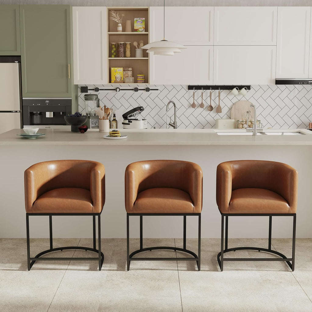 PU Leather Bar Stools Set of 3, Modern Upholstered Counter Height Bar stools 24" Leather Barstools Barrel