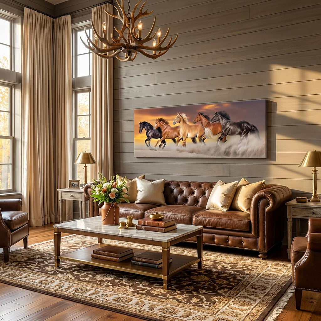 Large Size Canvas Prints Running Horse Herd Rungallop Desert Dust Against Dramatic Sky Panorama Wall Art Gallery