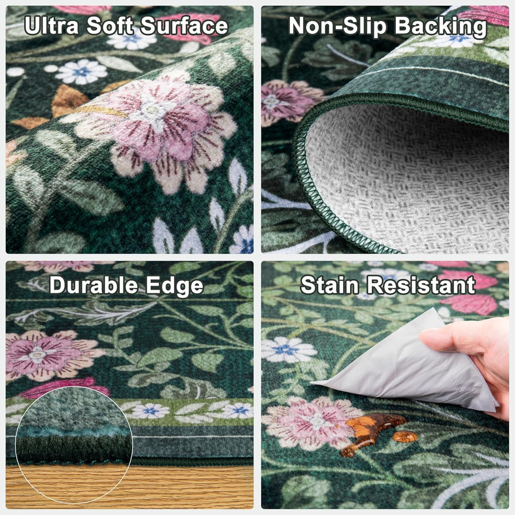 10x14 Area Rugs for Living Room: Floral Washable Rug Vintage Large Soft Boho Non-Slip Carpet Stain R