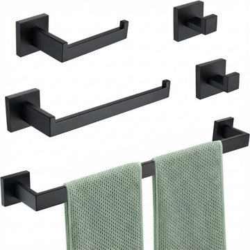 Matte Black Bathroom Hardware Set 5-Piece, Modern Square SUS304 Stainless Steel Bath Accessory Kit with 23.6" Towel