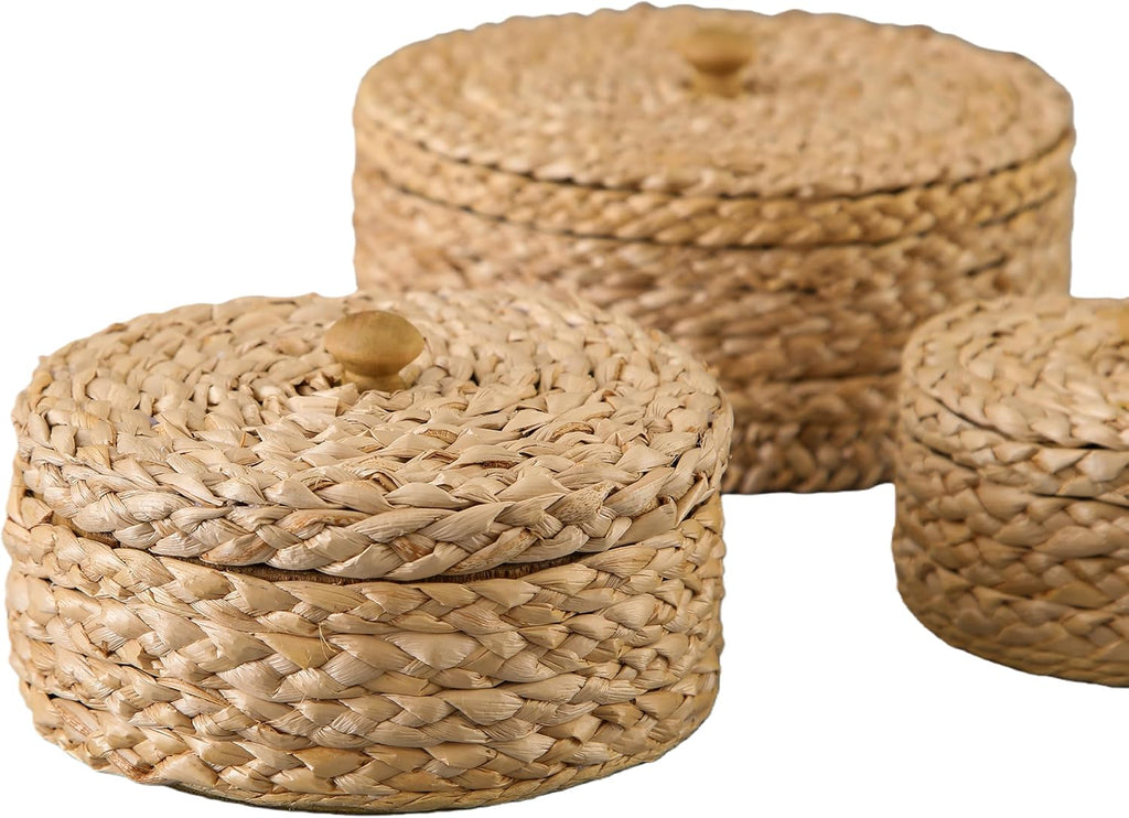 Round Rattan Storage Boxes with Lids Set of 3, Handwoven Wicker Basket, Small Baskets for Shelves, Boho Organizer