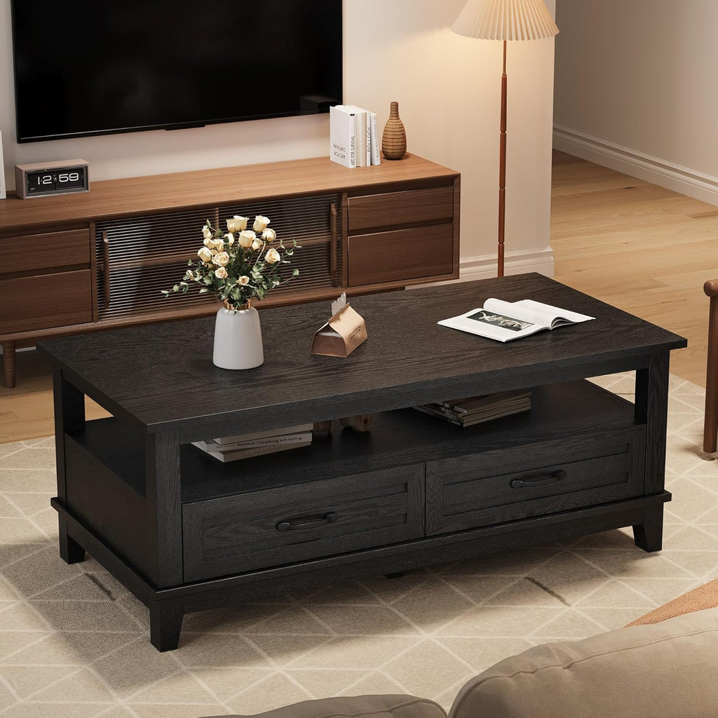 Farmhouse Coffee Table with Drawers, 47.2 in Center Table Rustic Coffee Tables Black Living Room Table