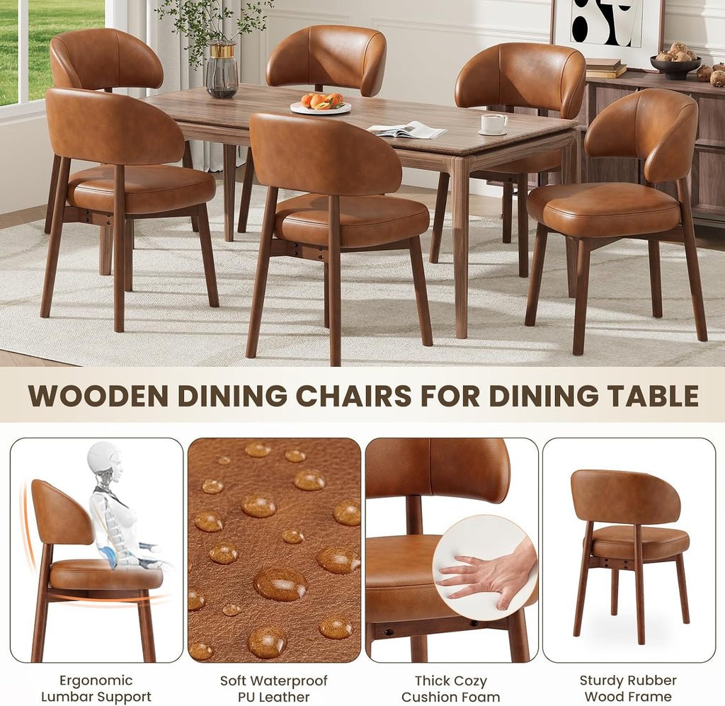 Wooden Dining Chairs Set of 2, Modern Upholstered Dining Room Chair, PU Leather Kitchen Side Chairs with Curved Open