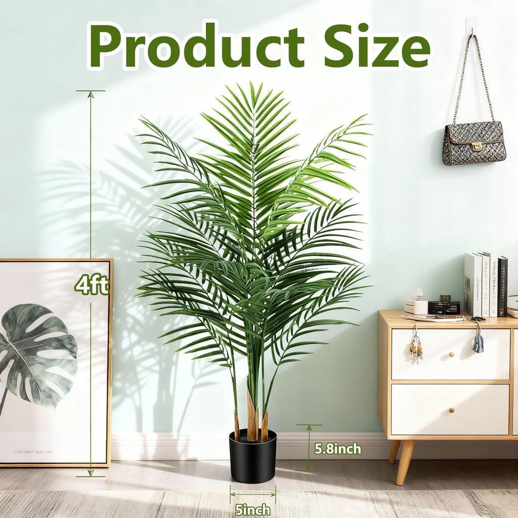 4ft Artificial Palm Tree Indoor, Large Fake Tropical Areca Palm with 13 Trunks, Tall Faux Floor Plants for Indoor