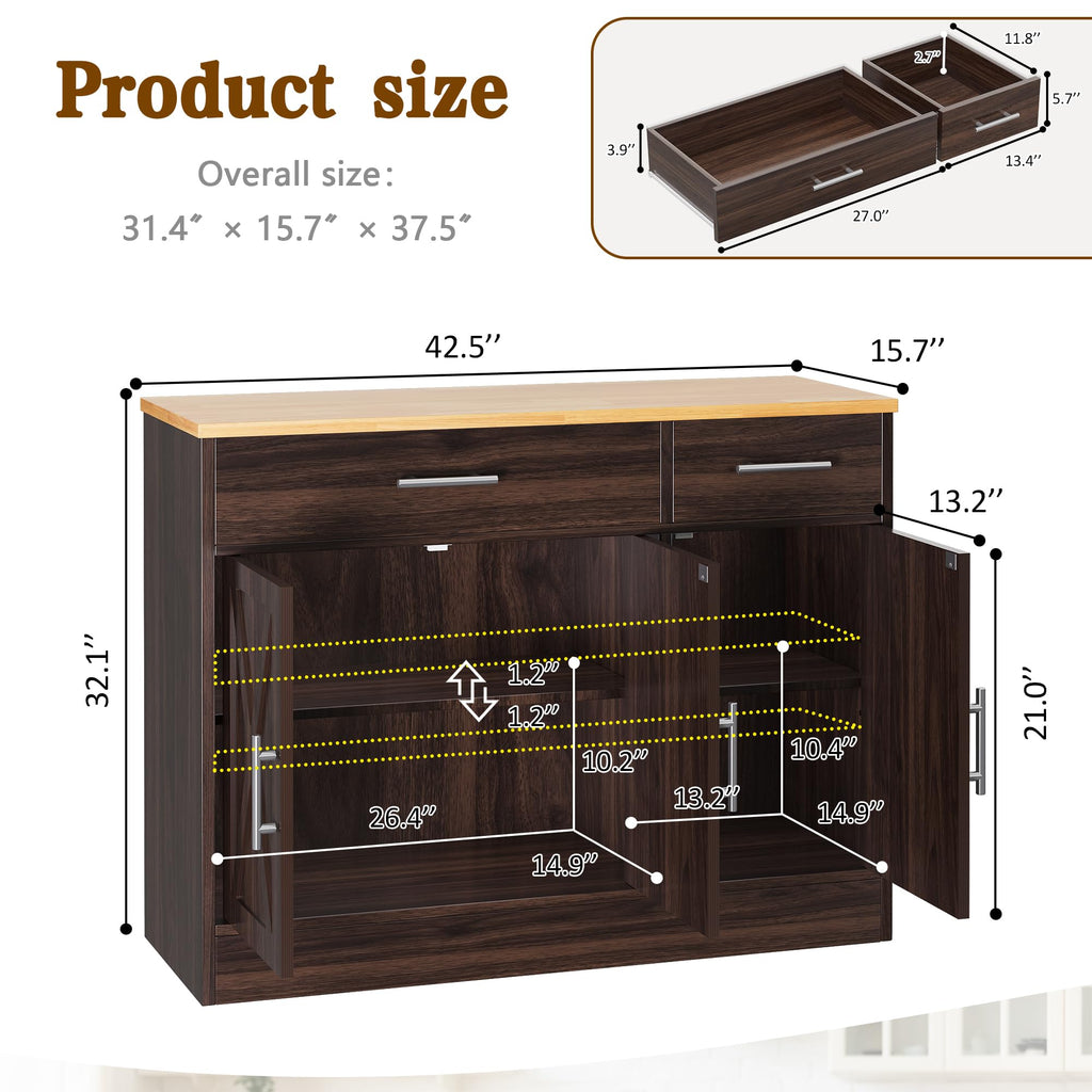 43" Farmhouse Sideboard Buffet Cabinet, Rustic Brown