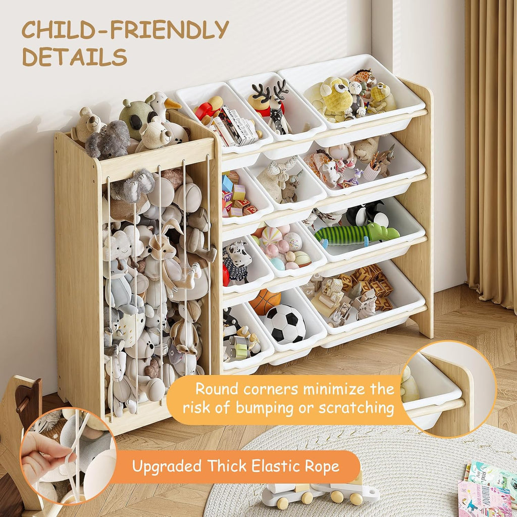 Kids Toy Storage Organizer, 2-in-1 Stuffed Animal Storage & Toy Organizer w/12 Bins, Solid Wood Toy Rack Featuring