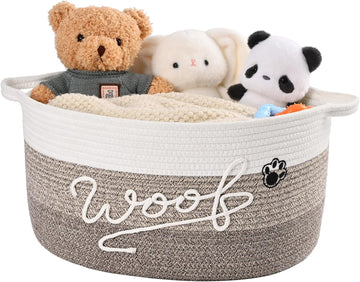 30L Woof Dog Toy Basket with Handles, Large Dog Toy Storage Bin with Paw Print, Woven Dog Basket for Blankets, Toys