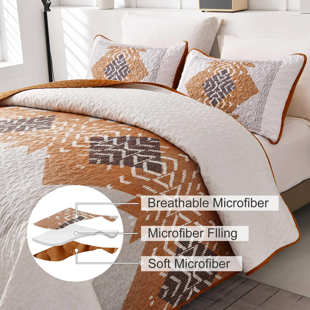 Boho King Quilt Set, Terracotta Aztec Reversible Bedspread
