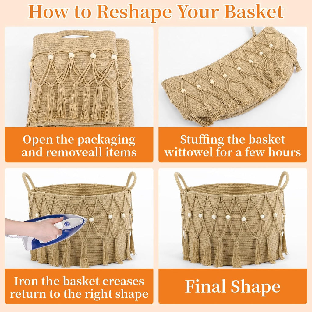 Boho Blanket Basket Laundry, 20 x 13",Beige | Woven Design, Large Decorative Basket with Bead Tassels Handles, for