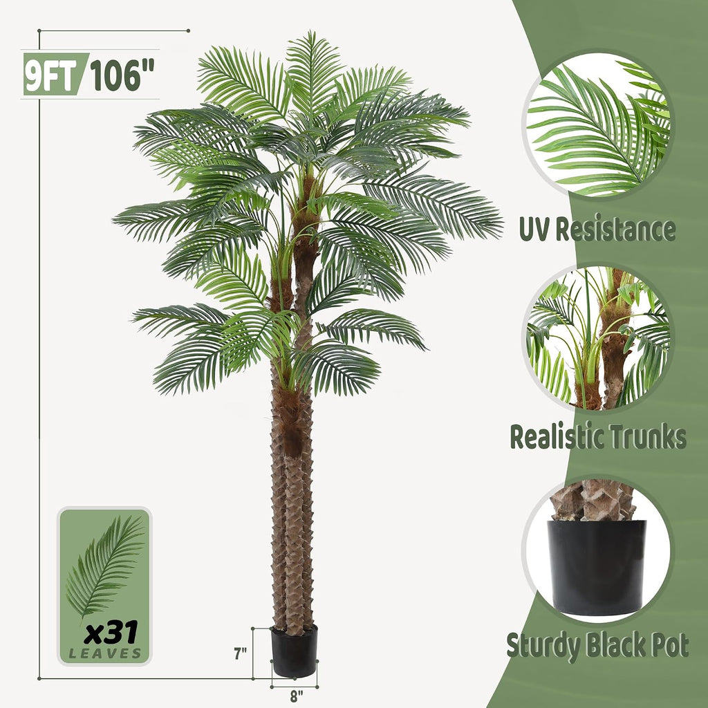 Artificial Triple Phoenix Palm Tree 9FT with 31 Leaves & Real Bark Tropical Coconut Areca Sago Palm Tall Large Faux