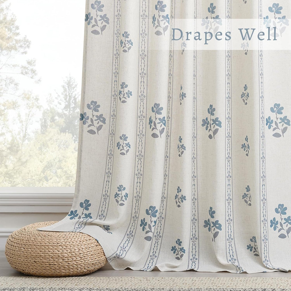 Blue Grey Pinch Pleated Floral Curtains for Living Dining Room Pinch Pleat Light Filtering Linen Semi