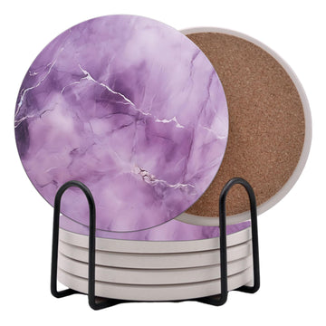 Purple Agate Marble Round Coasters Set of 6 - Abosrbent Ceramic Coasters with Metal Stand for Drinks, Coffee