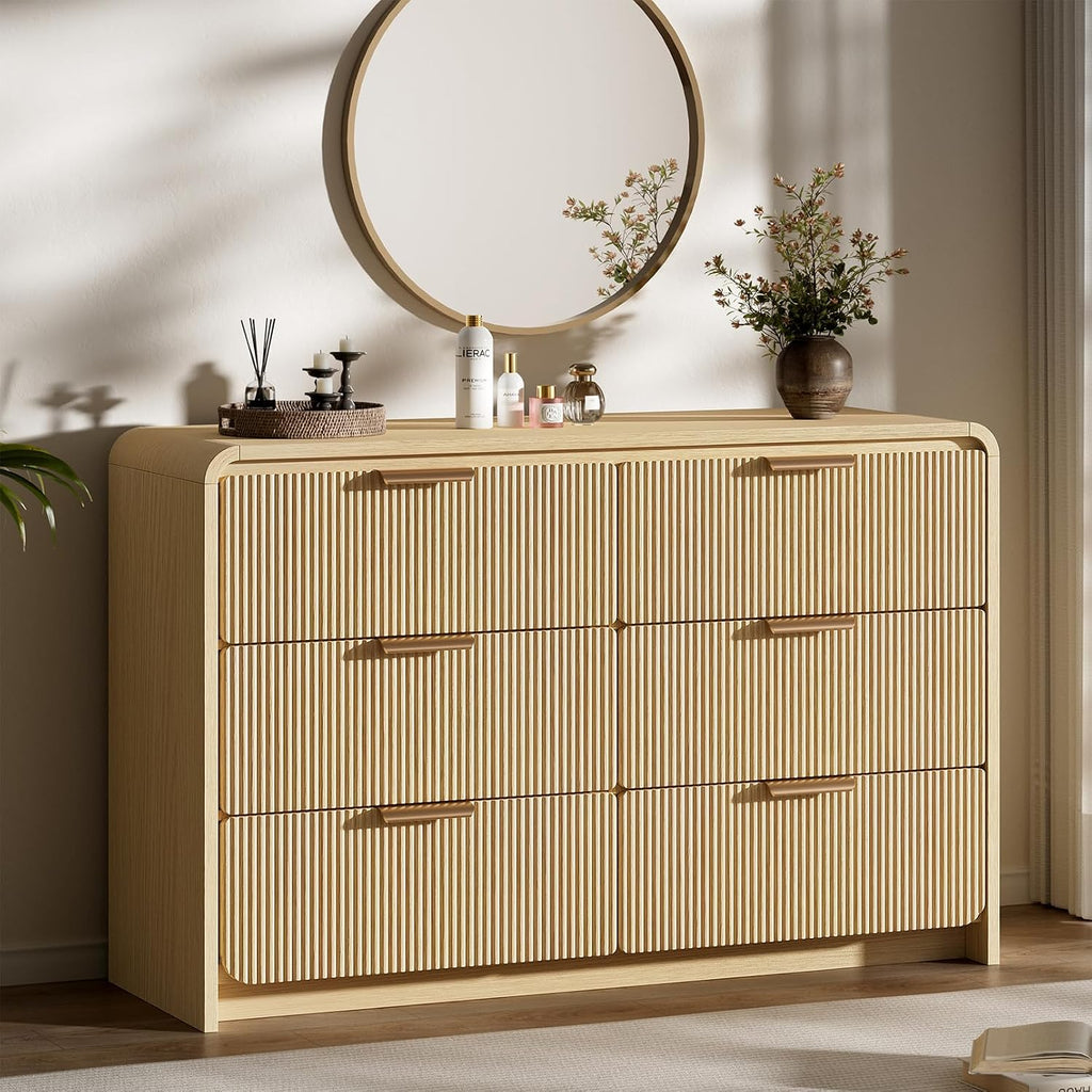 Fluted 6 Drawer Dresser, 47" Wide Wooden Storage Chest with Rounded Curved Corners and Gold Handles, Natural Oak Wood