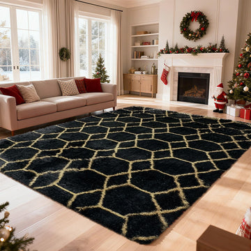5x8 Shag Area Rug, Black and Gold Fluffy Rugs