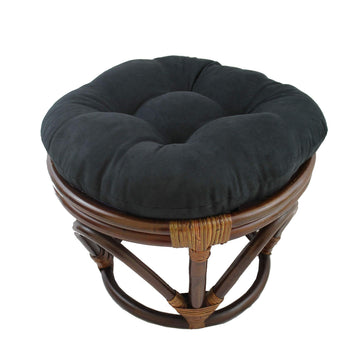 18 Inch Black Papasan Foot Stool Coastal Rattan Ottoman Round Microsuede Bohemian Frame with Padded Cushion Tufted