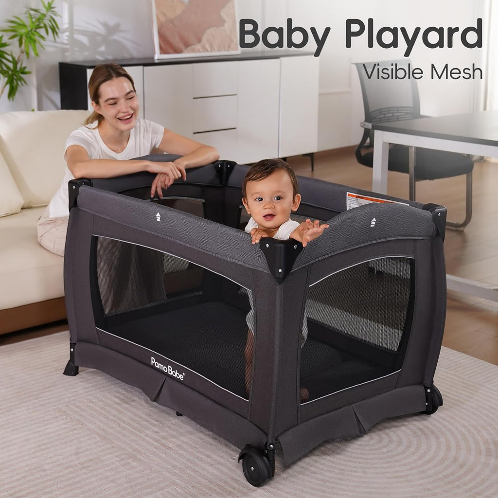 Pack and Play 4-in-1 Baby Playard with Bassinet & Changing Table, Foldable Portable Playpen with Mattress, Travel