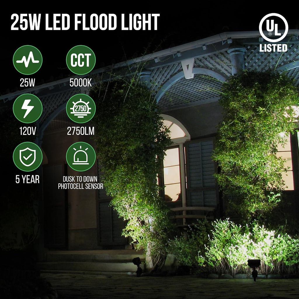 25W LED Flood Lights Outdoor, Dusk to Dawn Security Light, with Anti-Glare Guard, 120V 5000K 2750LM Waterproof