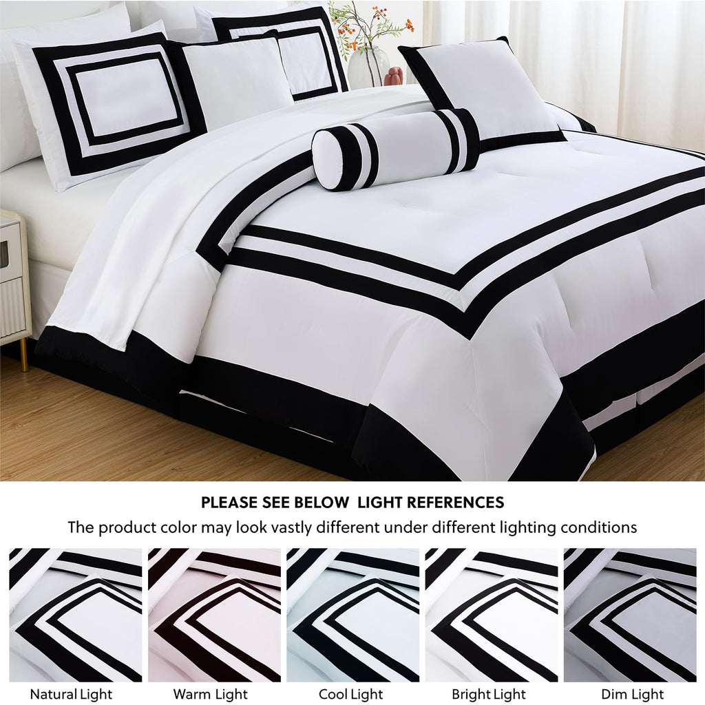 Caprice 7-Piece Hotel Style Comforter Set - White/Black Square Pattern Modern Color Block Bedding with Decorative
