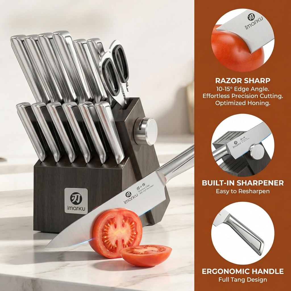 Japanese High Carbon Stainless Steel Knife Set with Block, Precision-Forged Gyutou Kitchen Knives with Built-in