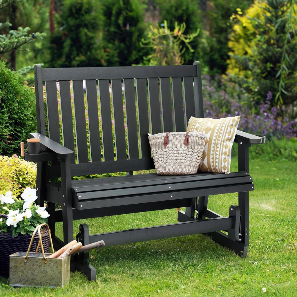 Patio Glider Two-Seat with Cup Holders, Durable HIPS Material, All-Weather Resistant, High Backrest and Deep