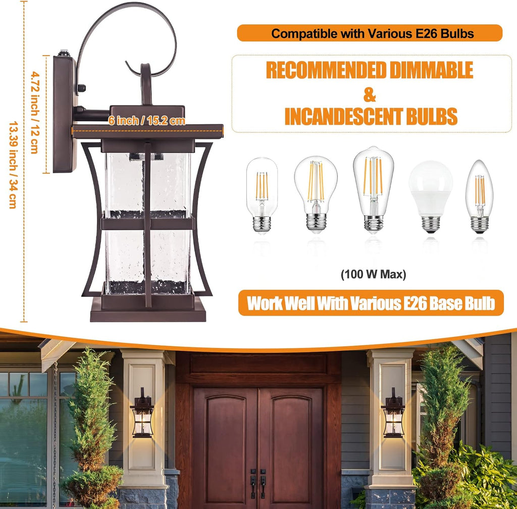2-Pack Dusk to Dawn Outdoor Lighting - Oil Rubbed Bronze Exterior Porch Light Fixtures Wall Mount