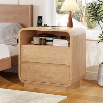 25" Tall Modern Nightstand with Charging Station, 23.6" Wide Wood Bedside Table w/2 Storage Drawers, Curved Profile