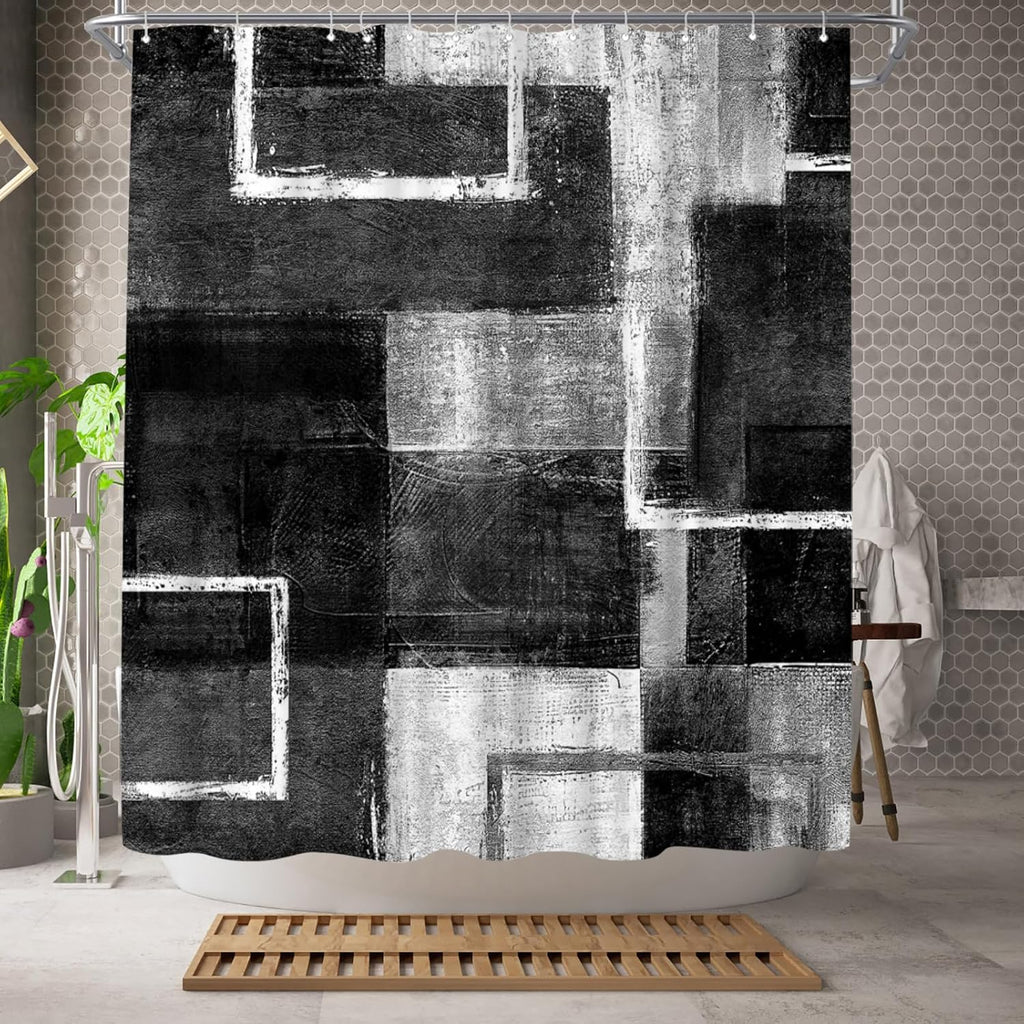 Abstract Black Shower Curtain Geometric Shower Curta Decor Polyester Fabric 72x72inch (Black)