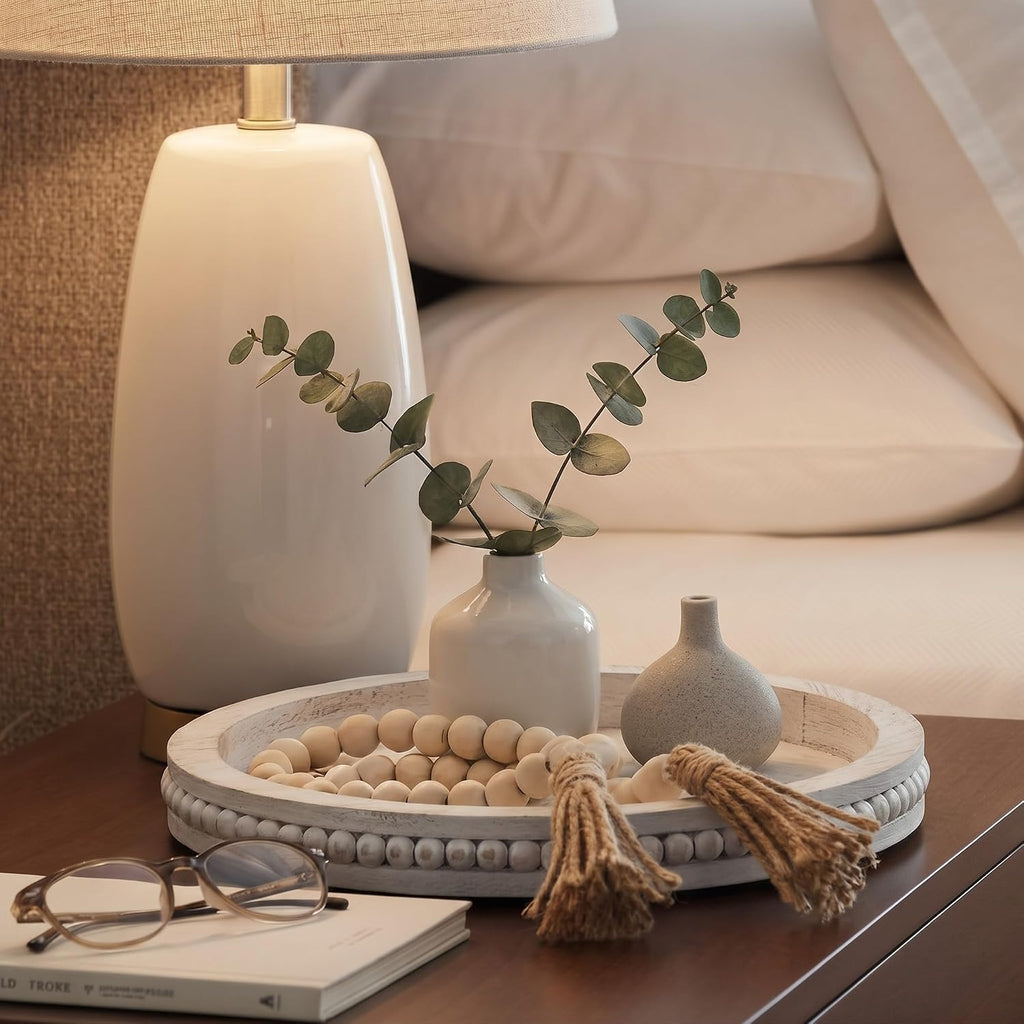 2 Pcs Farmhouse Round Tray Decor Set, 12" White Washed Beaded Round Wood Tray with 58" Long Beaded Garland for Coffee