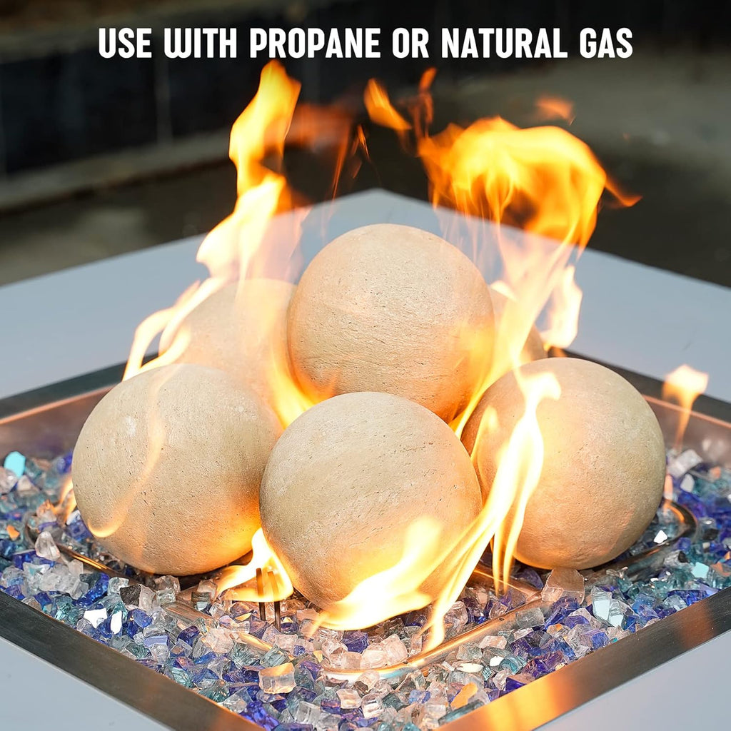 Ceramic Balls - 5” Round Fire Stones for Fire Pit Fire Bowl and Fireplace - Set of 6, Beige