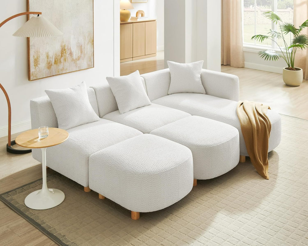 109.84" Modular Sectional Sofa with 3 Pillows, Convertible 5-Seater Comfy Boucle Cloud Couch with Ottoman