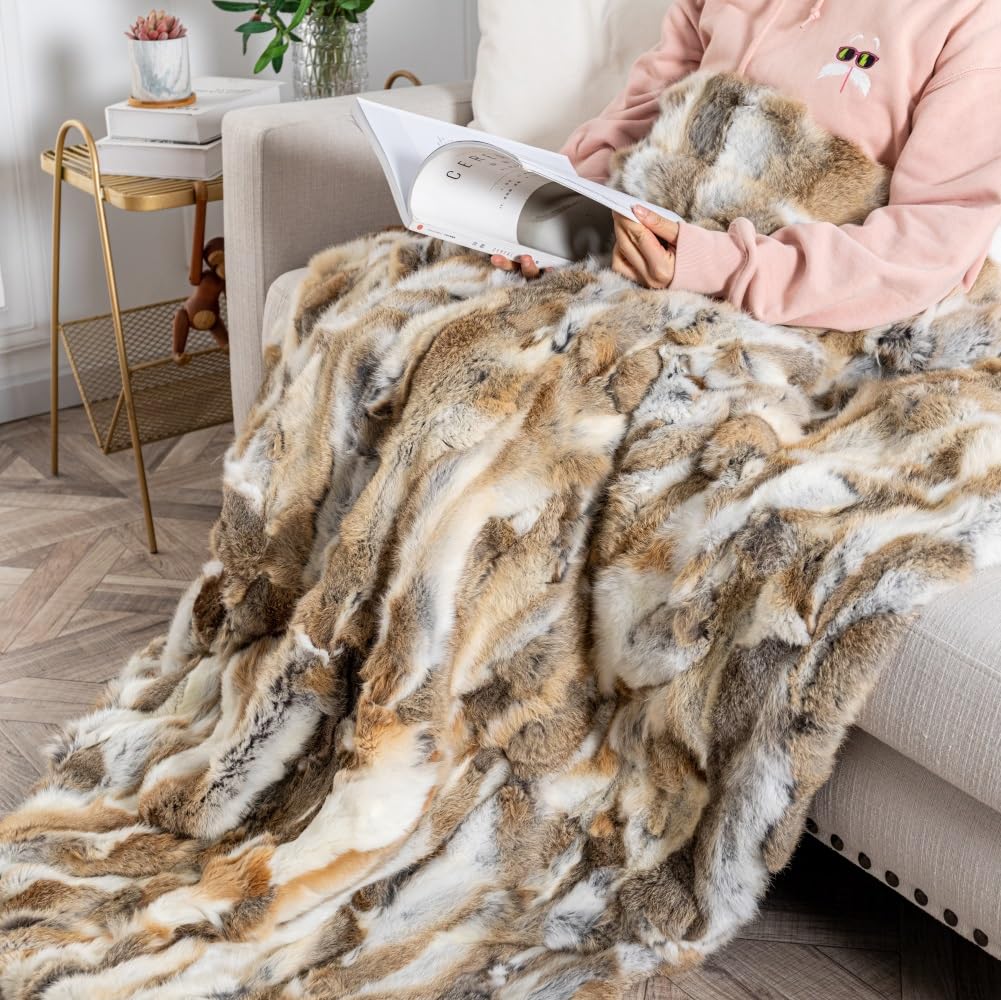 Real Fur Blanket Throw for Couch Tan Fur Throw Blanket Fuzzy Fluffy Super Soft Furry Plush Decorative Comfy Shag