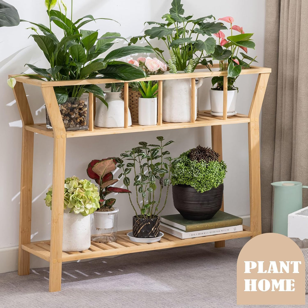 Bamboo Plant Stand Indoor 37.4"x11" 2 Tier Tall Organizer Shelf | Flower Pot Holder, Mid Century Modern Table