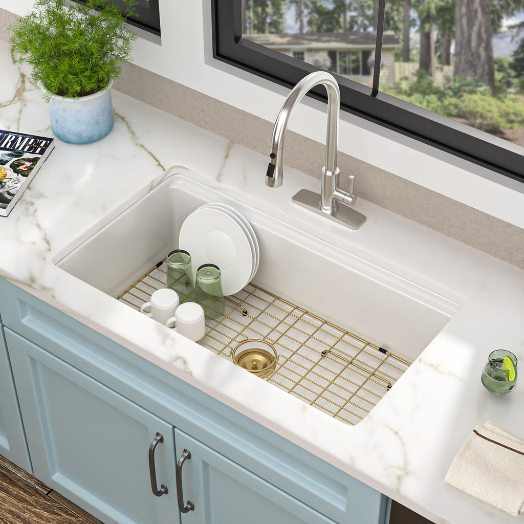 33"x19" White Undermount Kitchen Sink Workstaion - High-Gloss Ceramic Porcelain Fireclay Dual Mount Single Bowl Drop