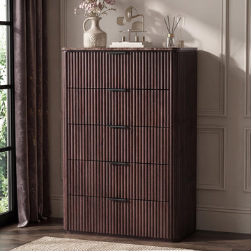 30"W Fluted Dresser, Tall Dresser with 5 Drawer, Dark Oak