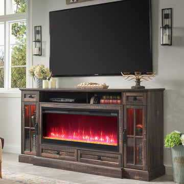 Fireplace TV Stand for 80 Inch TV, Farmhouse Entertainment Center with 42" Fireplace & LED Lights, Modern Media Console Table with Storage Drawers & Cabinets for Living Room, Dark Rustic Oak