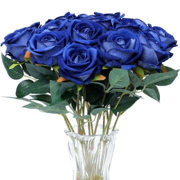 15PCS Blue Artificial Roses Silk Flowers Fake Roses Realistic Bouquet Long Stem with Gift Box for Mother's Gift Day