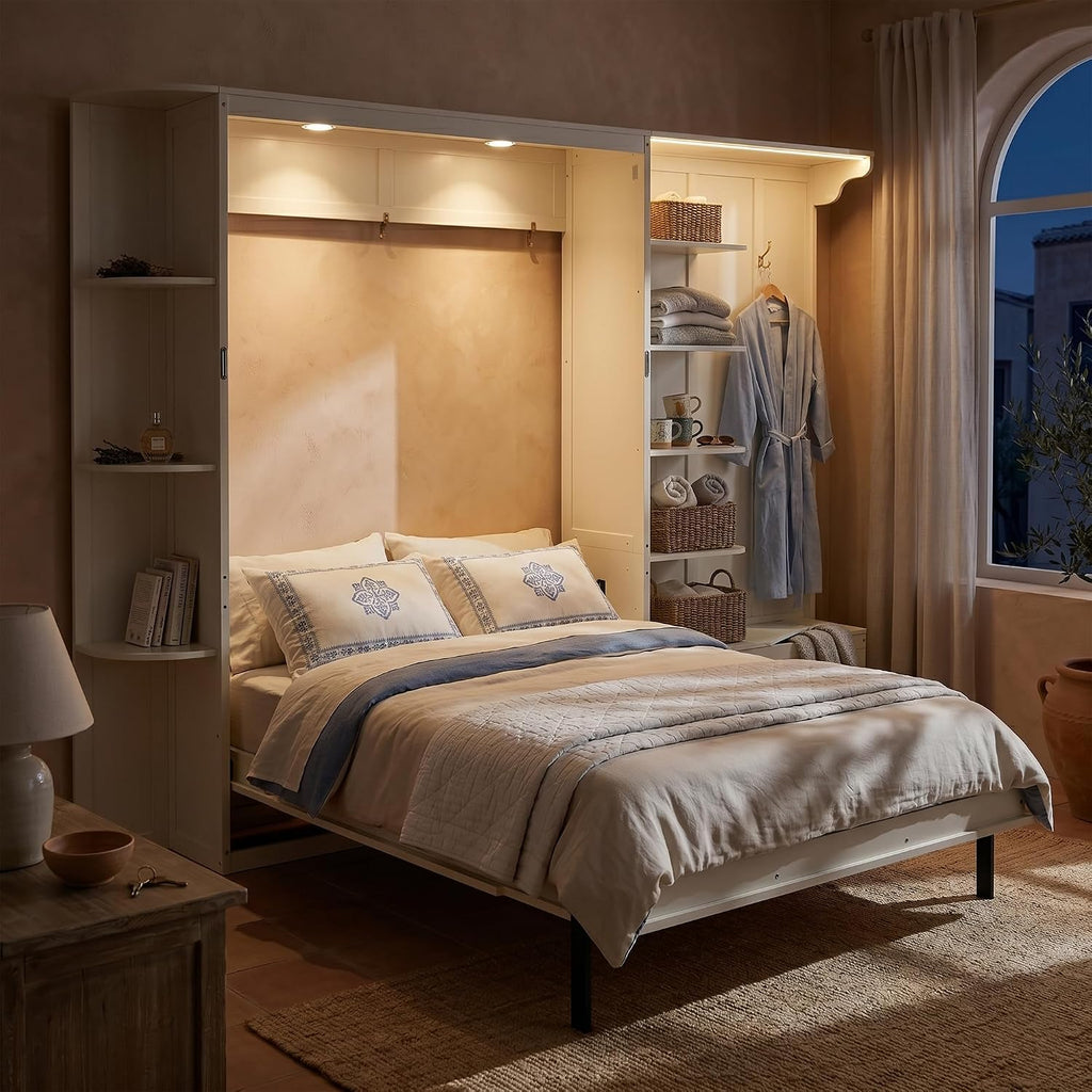 Queen Murphy Bed with Storage and Lights, Hidden Fold-Out Legs, Foldable Murphy Cabinet Bed with Hook, Built-in