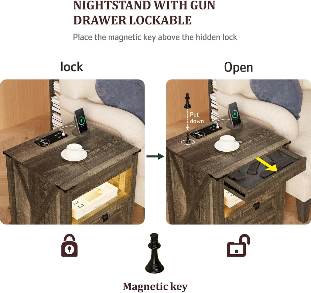 Nightstands Set of 2 with Gun Drawer, Farmhouse Bedside Table with Charging Station, Gun Night Stand with LED Light &