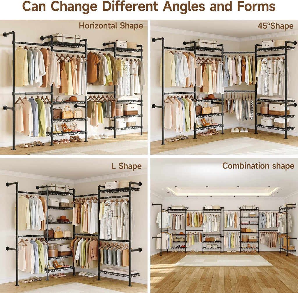 H4 Wall Mounted Closet System, Expandable Industrial Pipe Clothes Rack Clothing Rack for Hanging Clothes, Heavy Duty
