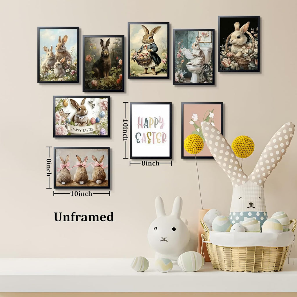 Vintage Easter Bunny Wall Art, Cute Rabbit Canvas Print Prints, Rustic Farmhouse Spring Easter Wall Decor - Set of 9