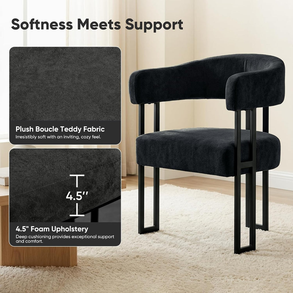 Barrel Chairs Set of 4, Boucle Upholstered Black Dining Chairs with Arm, Kitchen Chair with Metal Leg Elevated