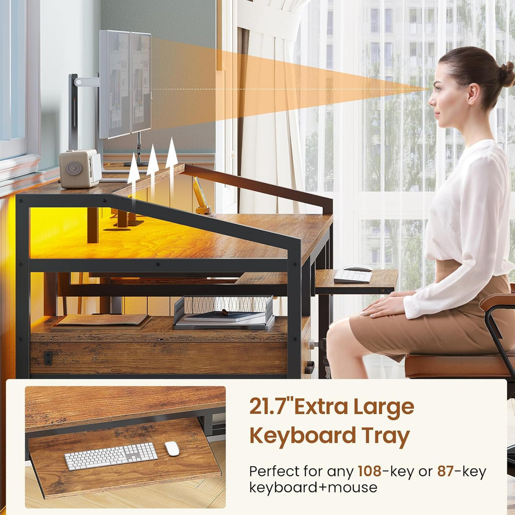 63" Computer Desk, Office Desk with Lock Drawers for Legal/Letter File, Gaming Desk with LED Light & Power Outlet