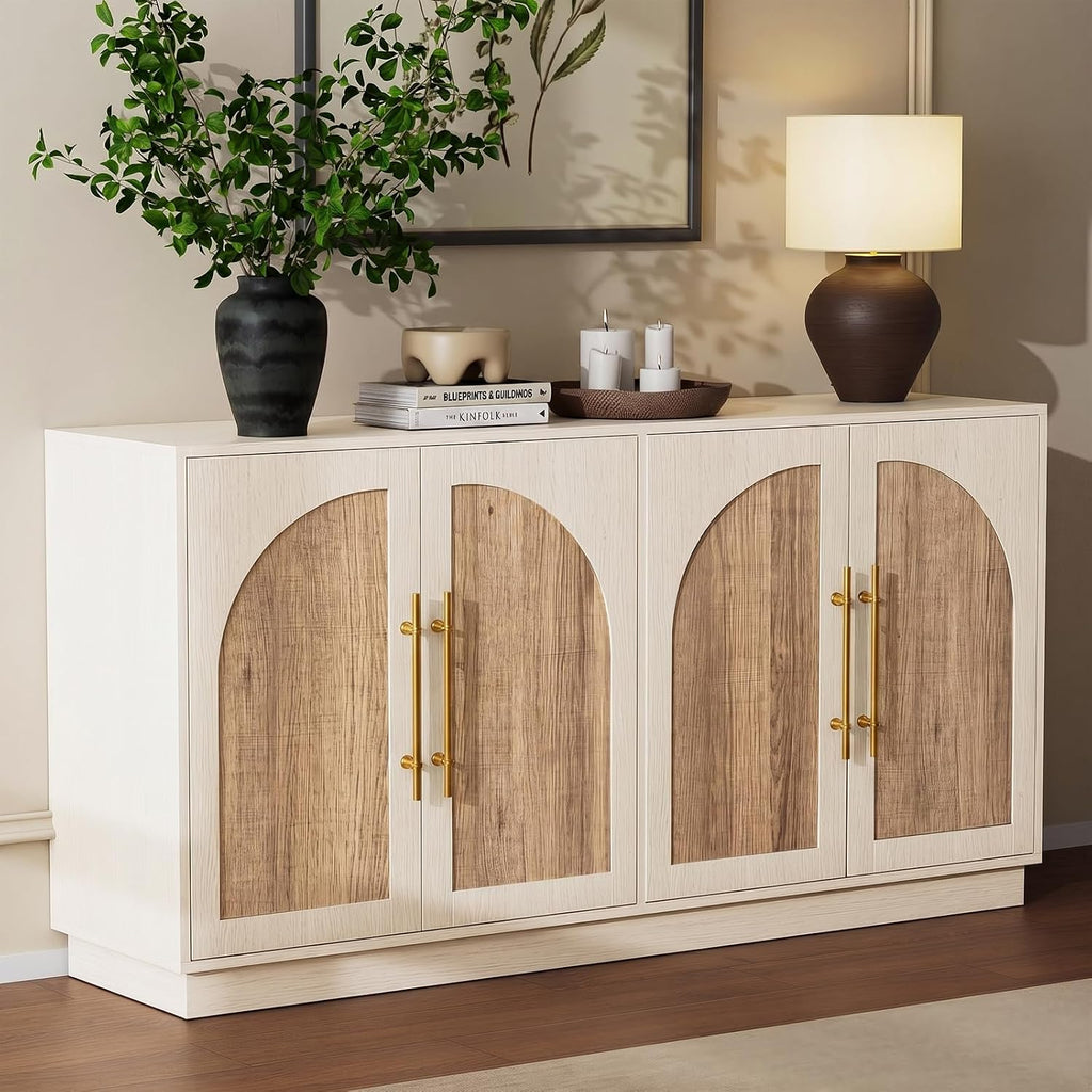 62'' Mid Century Modern Buffet Cabinet with Arch Doors, White and Natural | Adjustable Shelves, Gold Metal Handle