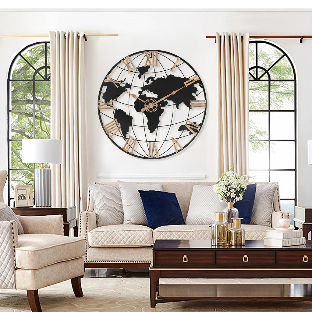 24 Inch Large World Map Vintage Gold Roman Numerals Wall Clock