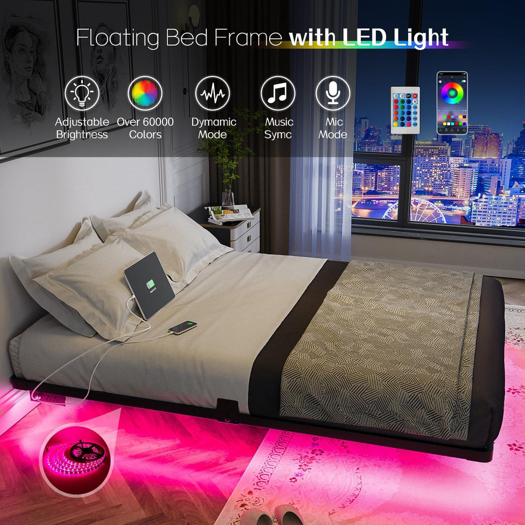 Floating Bed Frame Full with Smart LED Lights and Charging Station