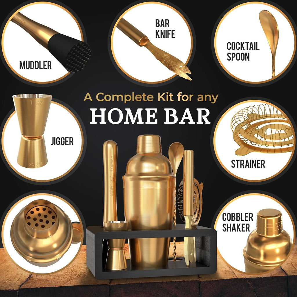 Cocktail Shaker Set: Bartender Kit Bar Mixology Cocktail Bar Set Plus E-Book with 30 Recipes (Antique Gold)