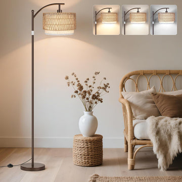 Arc Floor Lamps, Boho Farmhouse Floor Lamp with Remote & Dimmable Bulb, Standing Lamp with Rattan & 