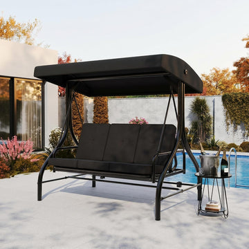 3-Seat Outdoor Porch Swing with Adjustable Canopy | Patio Swing Chair with Stand, 800 Lbs Heavy Duty Steel Frame
